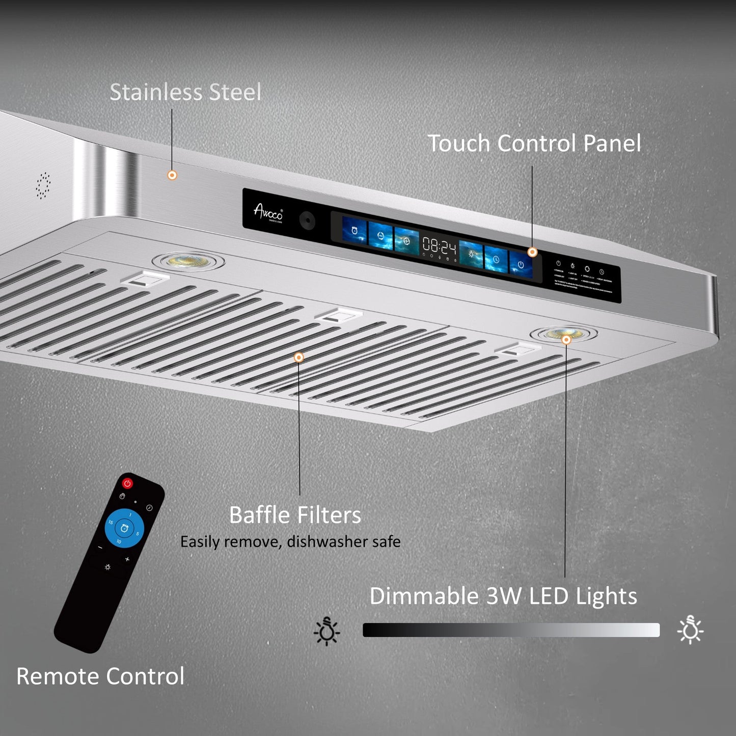 AWOCO RH-UC6-V Under Cabinet Range Hood Voice Gesture Controls - RH-UC6-V30