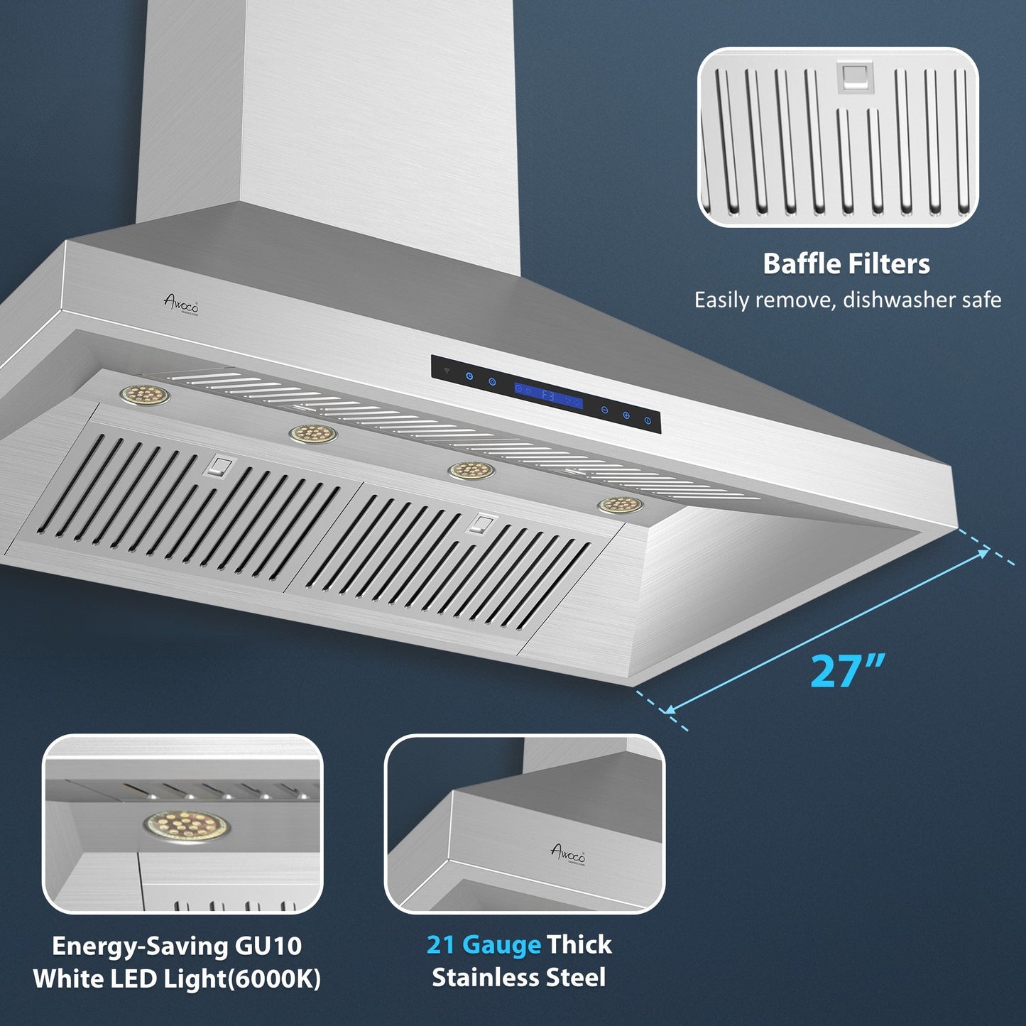 Awoco 48”W Indoor 27”D Wall Mount Range Hood with Touch & Remote Control, Stainless Steel 4 Speeds 1200 CFM Adjustable Chimneys 4 LED Lights 2 x 6” Round Top Vent - AWC-RH-WT-P48