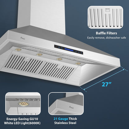 Awoco 48”W Indoor 27”D Wall Mount Range Hood with Touch & Remote Control, Stainless Steel 4 Speeds 1200 CFM Adjustable Chimneys 4 LED Lights 2 x 6” Round Top Vent - AWC-RH-WT-P48