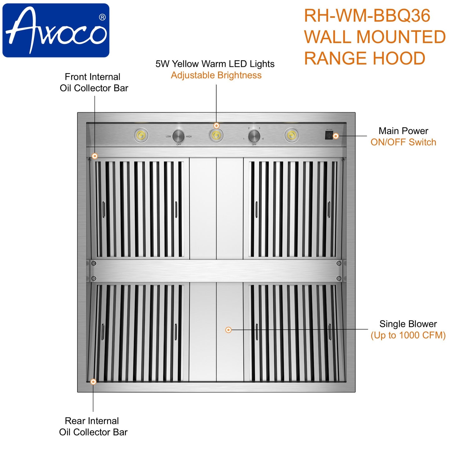 Awoco 36" Outdoor BBQ Vent Hood 18" High Type 304 Stainless Steel, 4 Speeds 1000 CFM, Adjustable LED Lights, 8” Round Top Vent - AWC-RH-WM-BBQ36