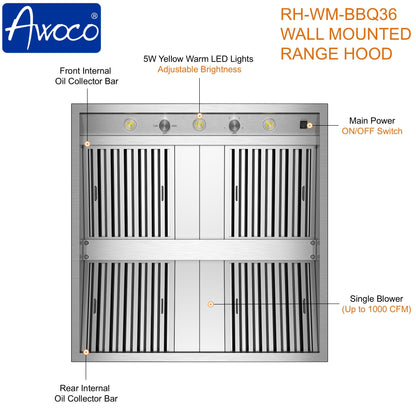 Awoco 36" Outdoor BBQ Vent Hood 18" High Type 304 Stainless Steel, 4 Speeds 1000 CFM, Adjustable LED Lights, 8” Round Top Vent - AWC-RH-WM-BBQ36