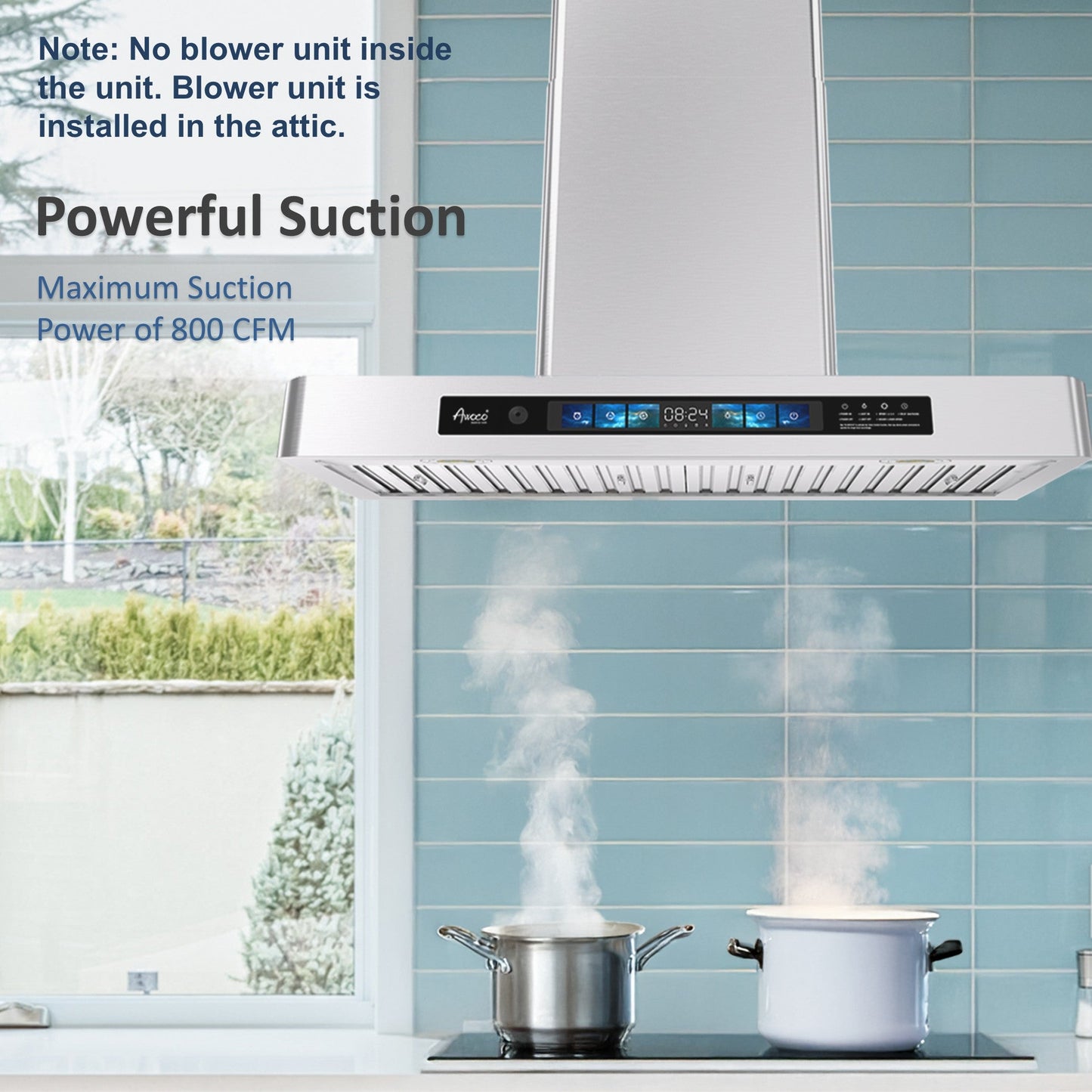 Awoco RH-WT-V Wall Mount Range Hood - 800CFM - Voice & Gesture -  Adjustable Chimney, With 6” Blower Unit - RH-WT-V30+RH-SP06-BLW