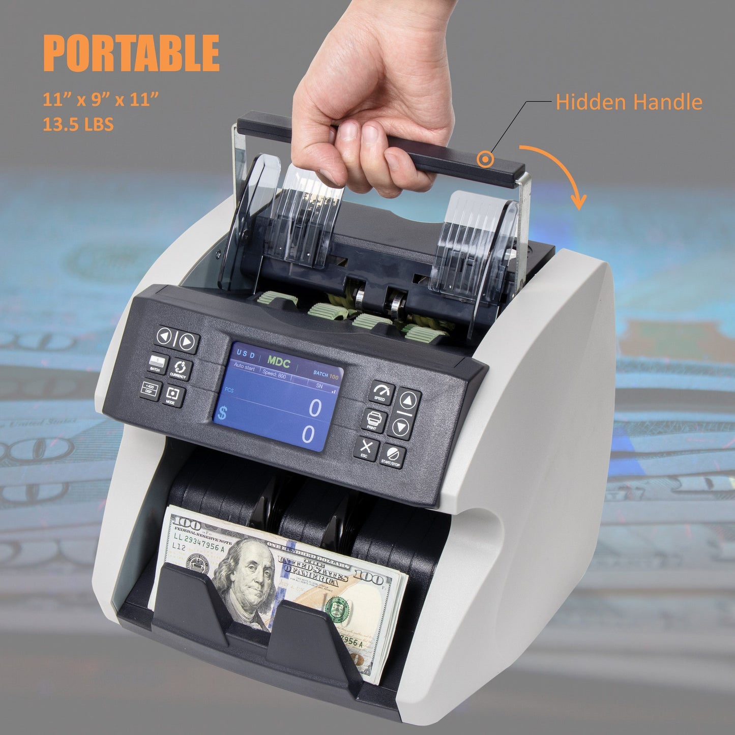 Awoco Bank Grade Mixed Denomination Bill Money Counter with Full Counterfeit Detection - 6 Currency (USD, EUR, GBP, MXN, CAD, CNY) with External Display - MDC1500