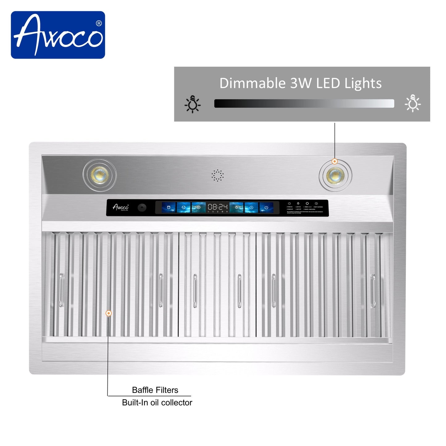 AWOCO RH-BQ-XV Range Hood Insert - Voice & Gesture - 800 CFM - 6" Top Vent - RH-BQ-XV30