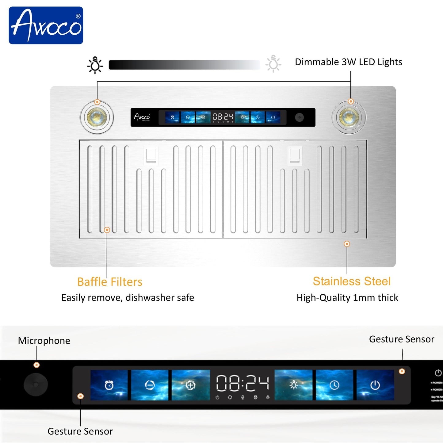 AWOCO  RH-IT08-V Ceiling Mount Range Hood - Split Insert - Voice & Gesture - RH-IT08-V30-COLD