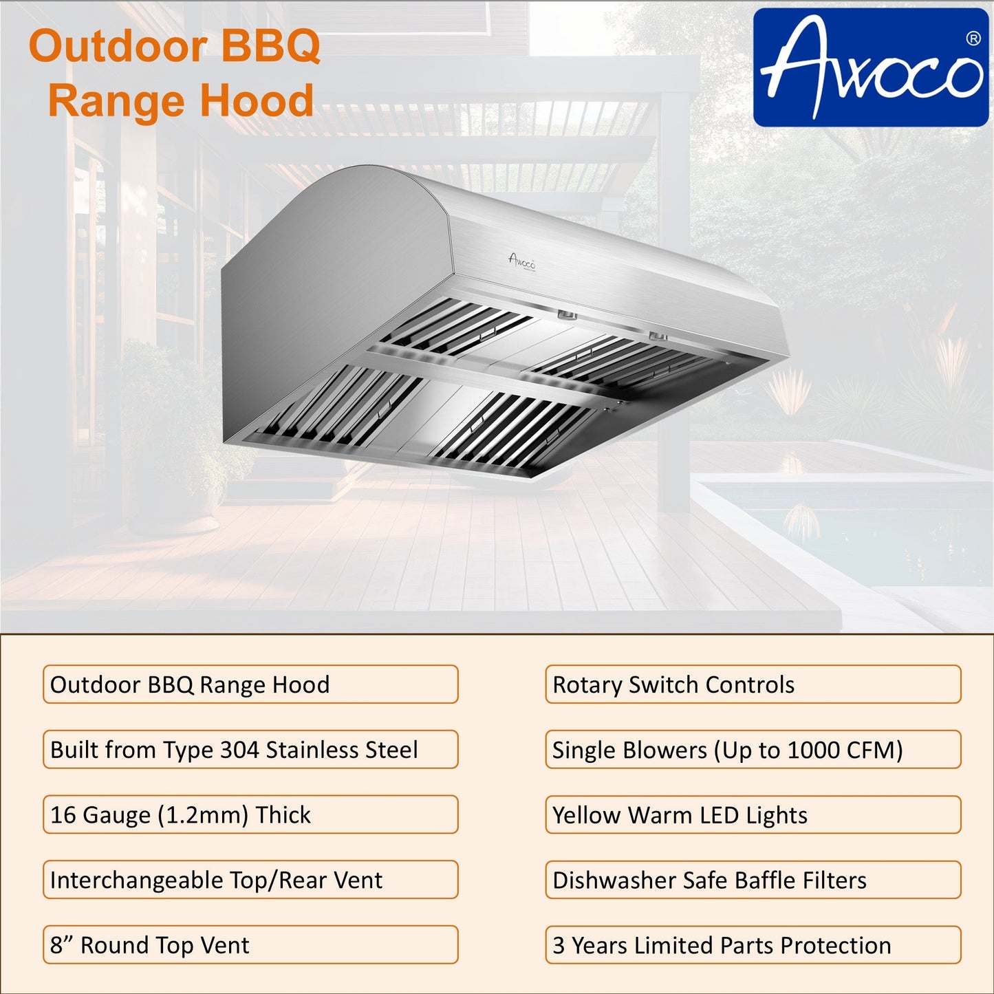 Awoco 36" Outdoor BBQ Vent Hood 18" High Type 304 Stainless Steel, 4 Speeds 1000 CFM, Adjustable LED Lights, 8” Round Top Vent - AWC-RH-WM-BBQ36