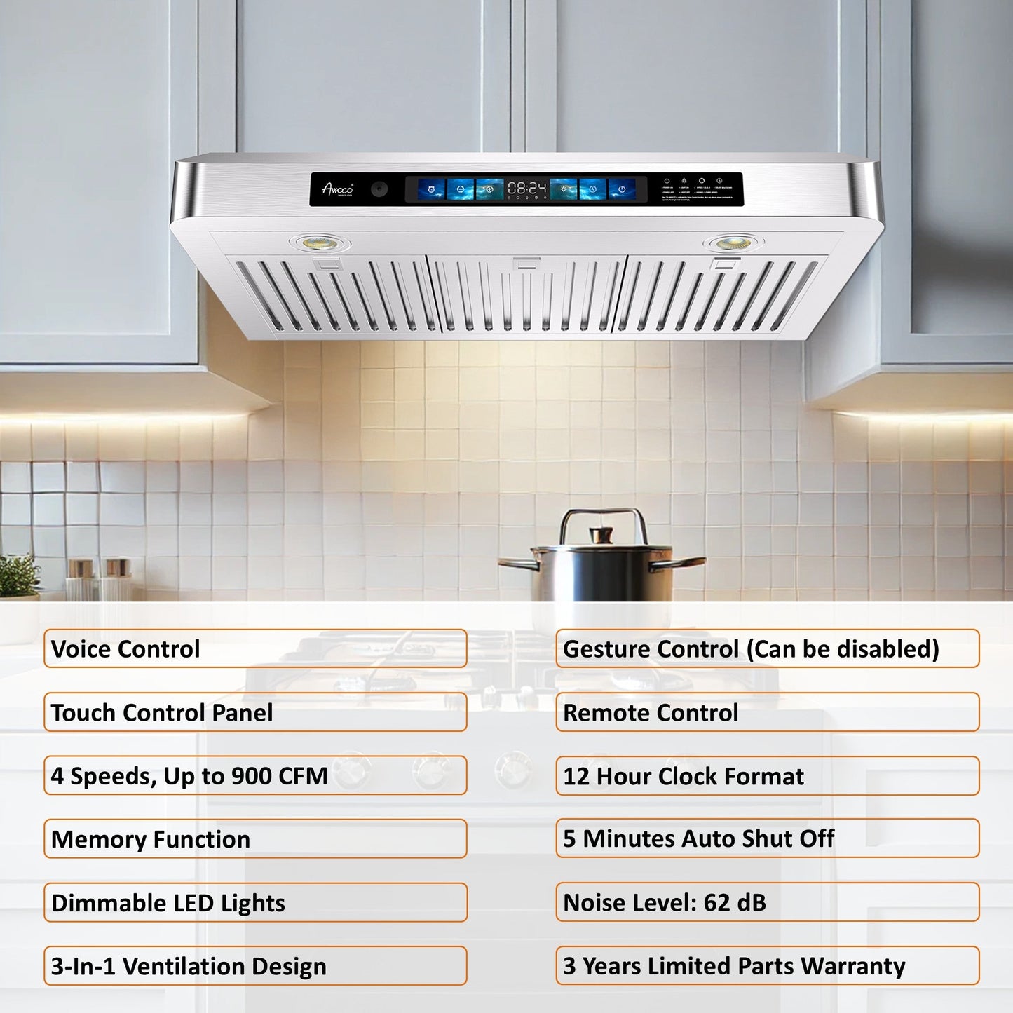 AWOCO RH-UC6-V Under Cabinet Range Hood Voice Gesture Controls - RH-UC6-V30
