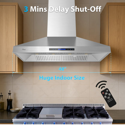 Awoco 48”W Indoor 27”D Wall Mount Range Hood with Touch & Remote Control, Stainless Steel 4 Speeds 1200 CFM Adjustable Chimneys 4 LED Lights 2 x 6” Round Top Vent - AWC-RH-WT-P48