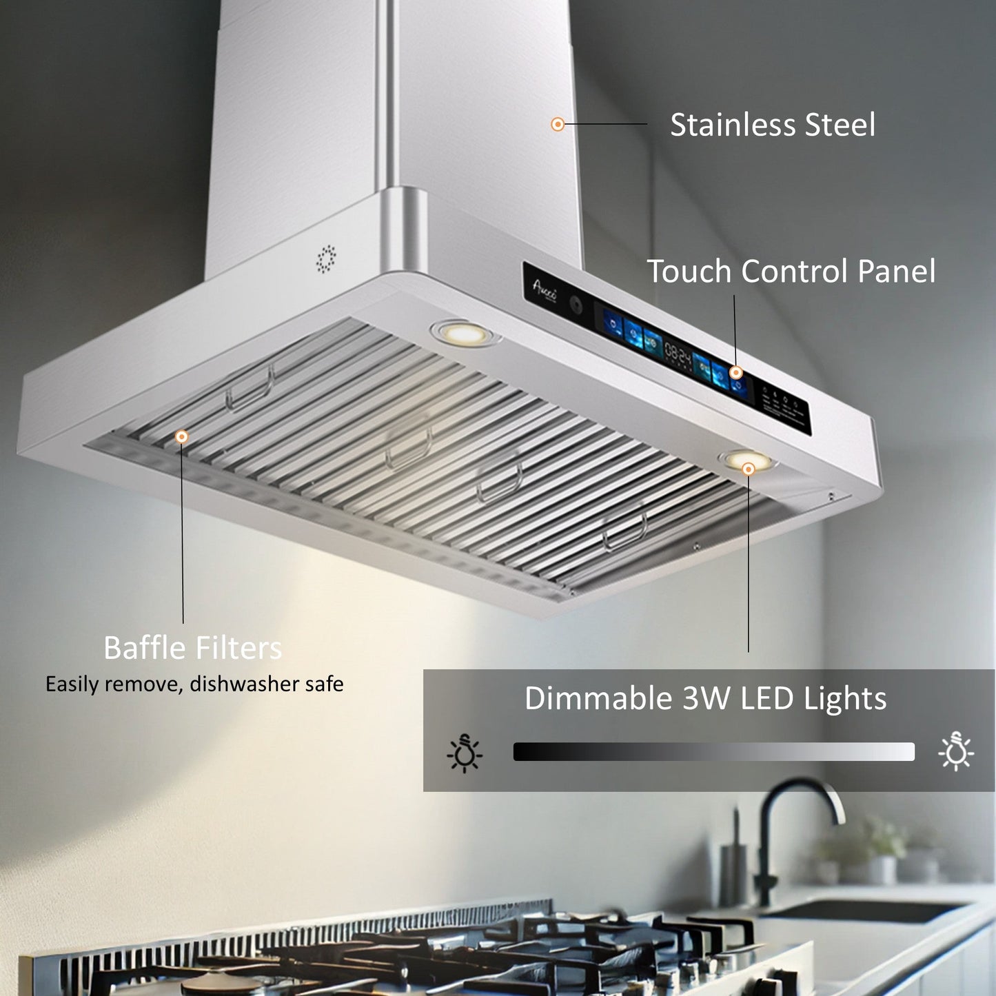 AWOCO RH-WT-V Wall Mount Range Hood - 800CFM - Voice & Gesture - Adjustable Chimney - RH-WT-V30