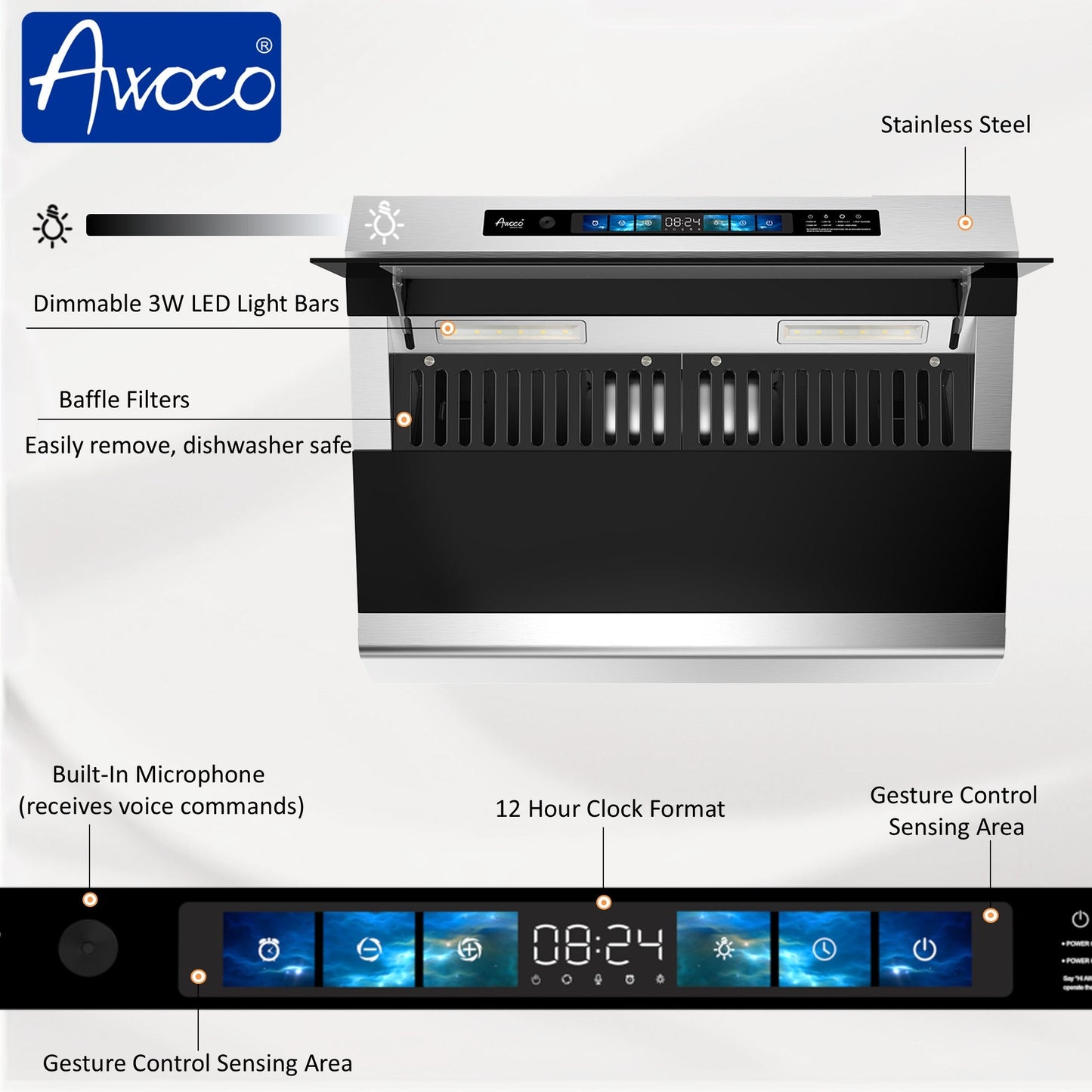 AWOCO RH-SX Under Cabinet Slant Vent Range Hood Voice Gesture Controls - RH-SX30