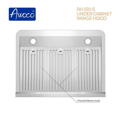 AWOCO RH-S10-S-DR Under Cabinet Range Hood - 6 Speeds 1000CFM - 7inch High - 8 inch Round Top Vent - RH-S10-30S-DR