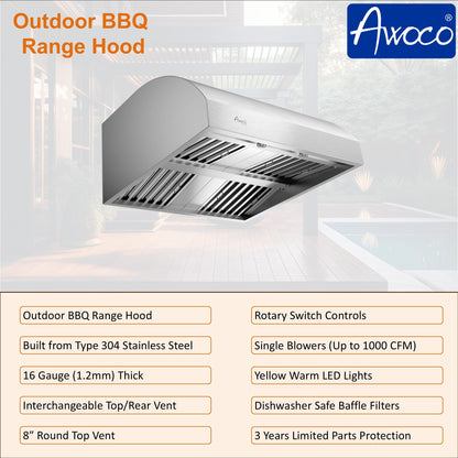 Awoco 36" Outdoor BBQ Vent Hood 18" High Type 304 Stainless Steel, 4 Speeds 1000 CFM with Chimney Cover, 8” Round Top Vent - AWC-RH-WM-BBQ-36+Chim-12x36