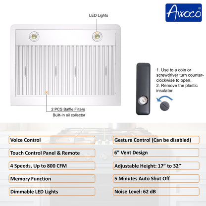 Awoco RH-WT-V Wall Mount Range Hood - 800CFM - Voice & Gesture -  Adjustable Chimney, With 6” Blower Unit - RH-WT-V30+RH-SP06-BLW