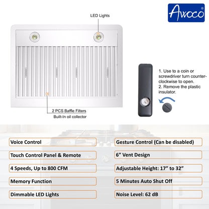 AWOCO RH-WT-V Wall Mount Range Hood - 800CFM - Voice & Gesture - Adjustable Chimney - RH-WT-V30