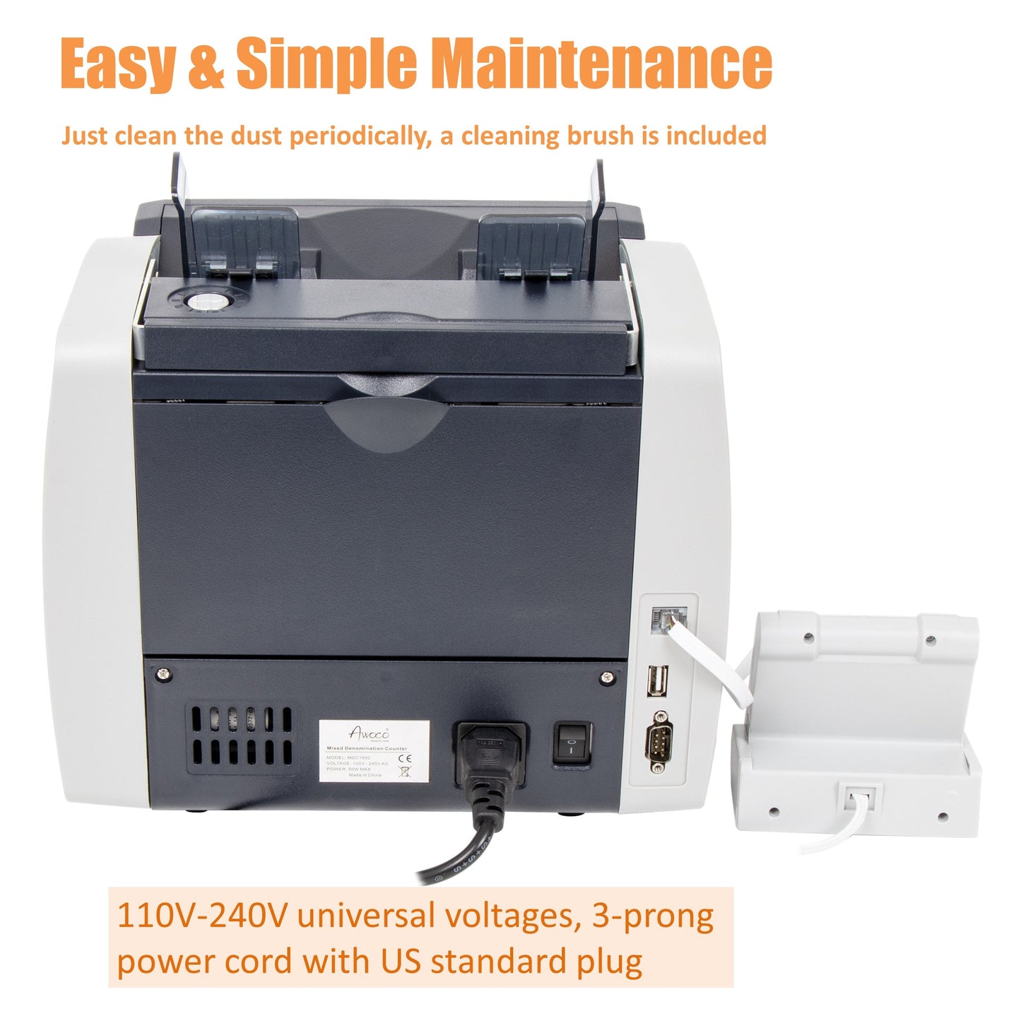 Awoco Bank Grade Mixed Denomination Bill Money Counter with Full Counterfeit Detection - 6 Currency (USD, EUR, GBP, MXN, CAD, CNY) with External Display - MDC1500