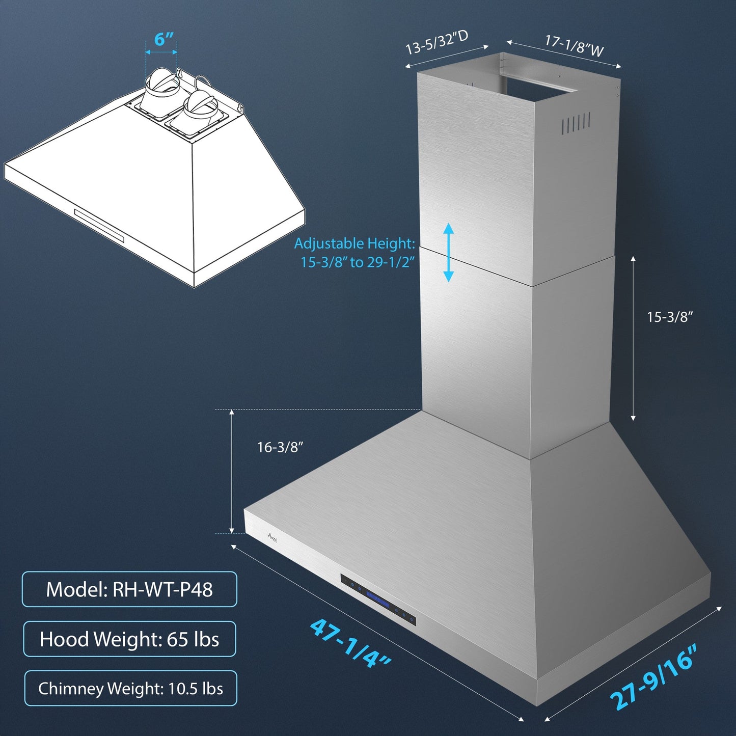 Awoco 48”W Indoor 27”D Wall Mount Range Hood with Touch & Remote Control, Stainless Steel 4 Speeds 1200 CFM Adjustable Chimneys 4 LED Lights 2 x 6” Round Top Vent - AWC-RH-WT-P48