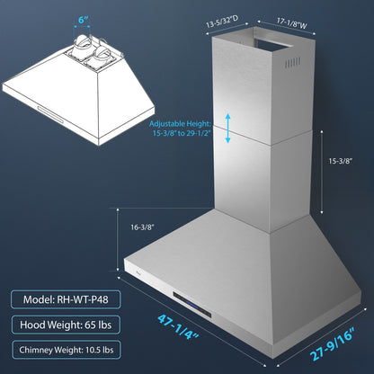 Awoco 48”W Indoor 27”D Wall Mount Range Hood with Touch & Remote Control, Stainless Steel 4 Speeds 1200 CFM Adjustable Chimneys 4 LED Lights 2 x 6” Round Top Vent - AWC-RH-WT-P48