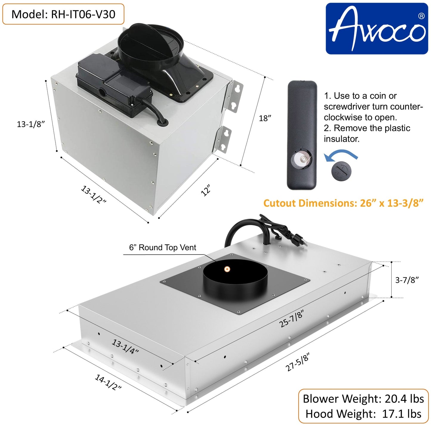 [Refurbished-A] Awoco RH-IT06-V30 30" Split Quiet Ceiling Mount Range Hood - 6 Inch Vent, 800 CFM, Voice/Gesture/Touch/Remote Control