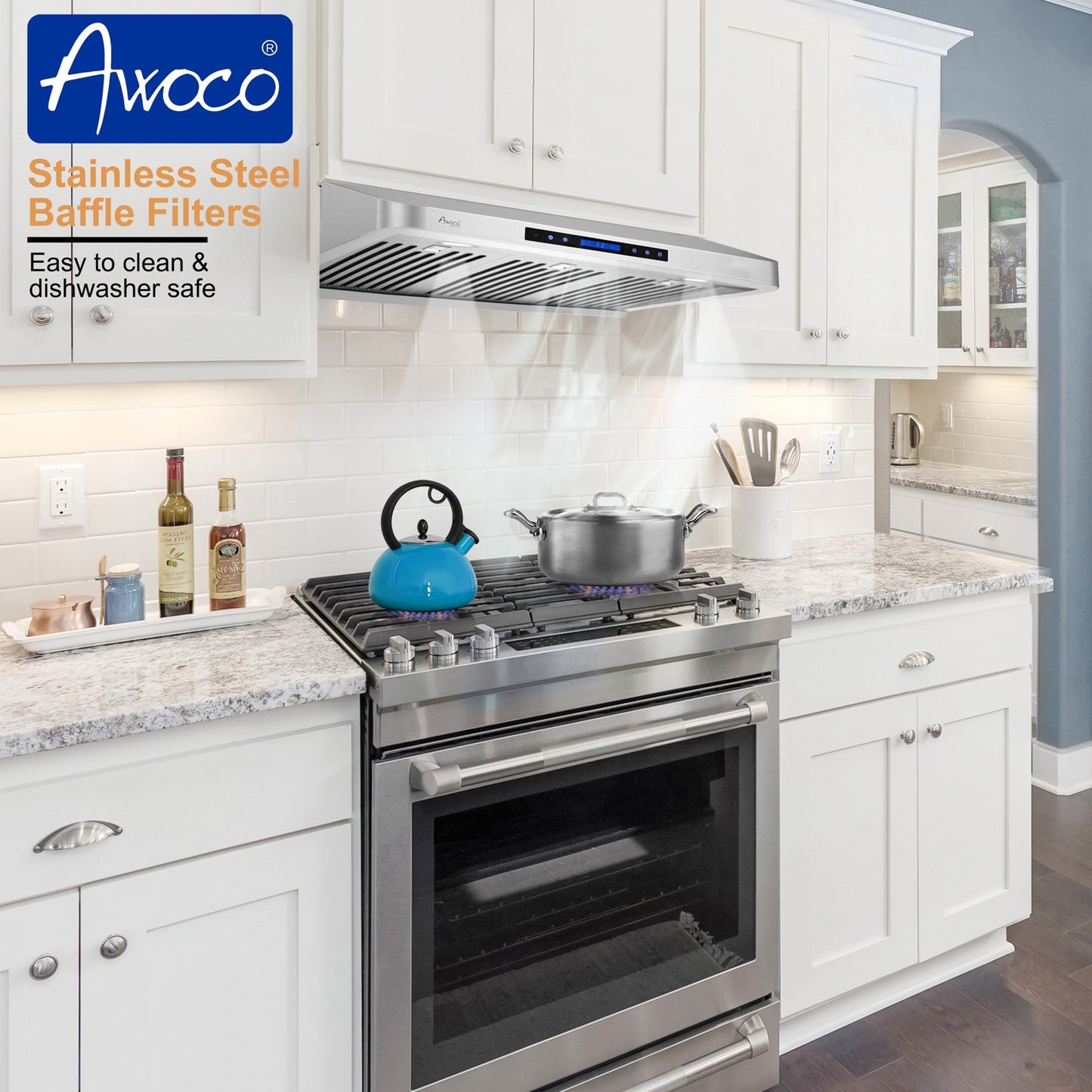 AWOCO RH-S10-S-DR Under Cabinet Range Hood - 6 Speeds 1000CFM - 7inch High - 8 inch Round Top Vent - RH-S10-30S-DR