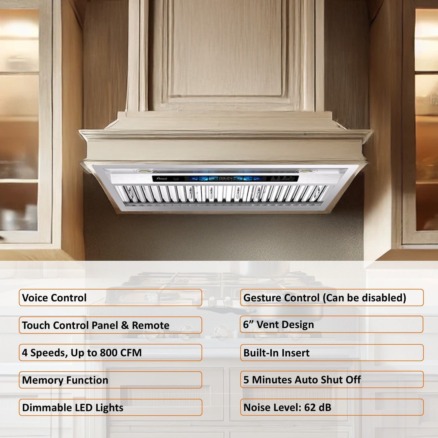 AWOCO RH-BQ-XV Range Hood Insert - Voice & Gesture - 800 CFM - 6" Top Vent - RH-BQ-XV30