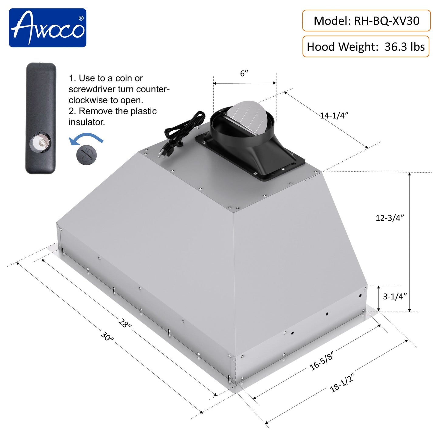 AWOCO RH-BQ-XV Range Hood Insert - Voice & Gesture - 800 CFM - 6" Top Vent - RH-BQ-XV30