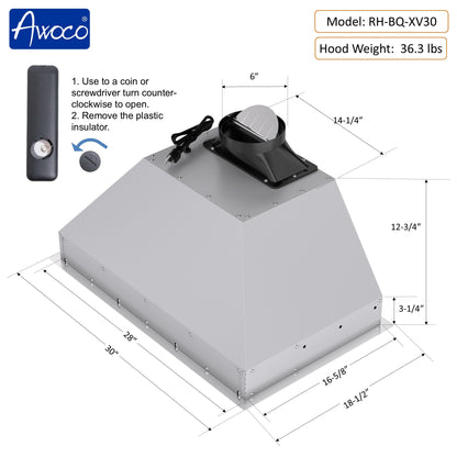 AWOCO RH-BQ-XV Range Hood Insert - Voice & Gesture - 800 CFM - 6" Top Vent - RH-BQ-XV30