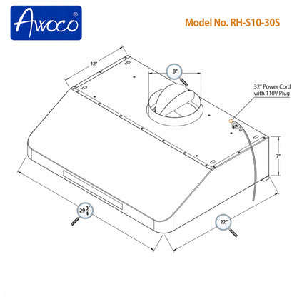AWOCO RH-S10-S-DR Under Cabinet Range Hood - 6 Speeds 1000CFM - 7inch High - 8 inch Round Top Vent - RH-S10-30S-DR
