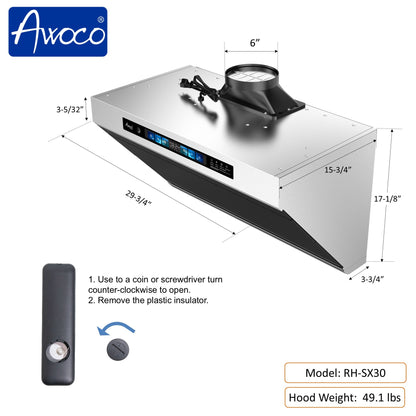 AWOCO RH-SX Under Cabinet Slant Vent Range Hood Voice Gesture Controls - RH-SX30