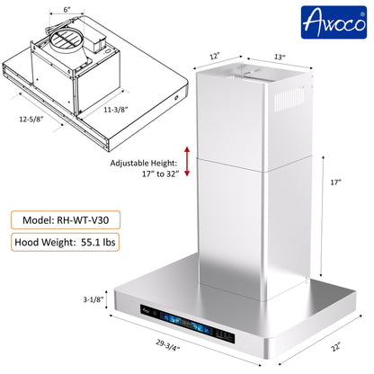 AWOCO RH-WT-V Wall Mount Range Hood - 800CFM - Voice & Gesture - Adjustable Chimney - RH-WT-V30