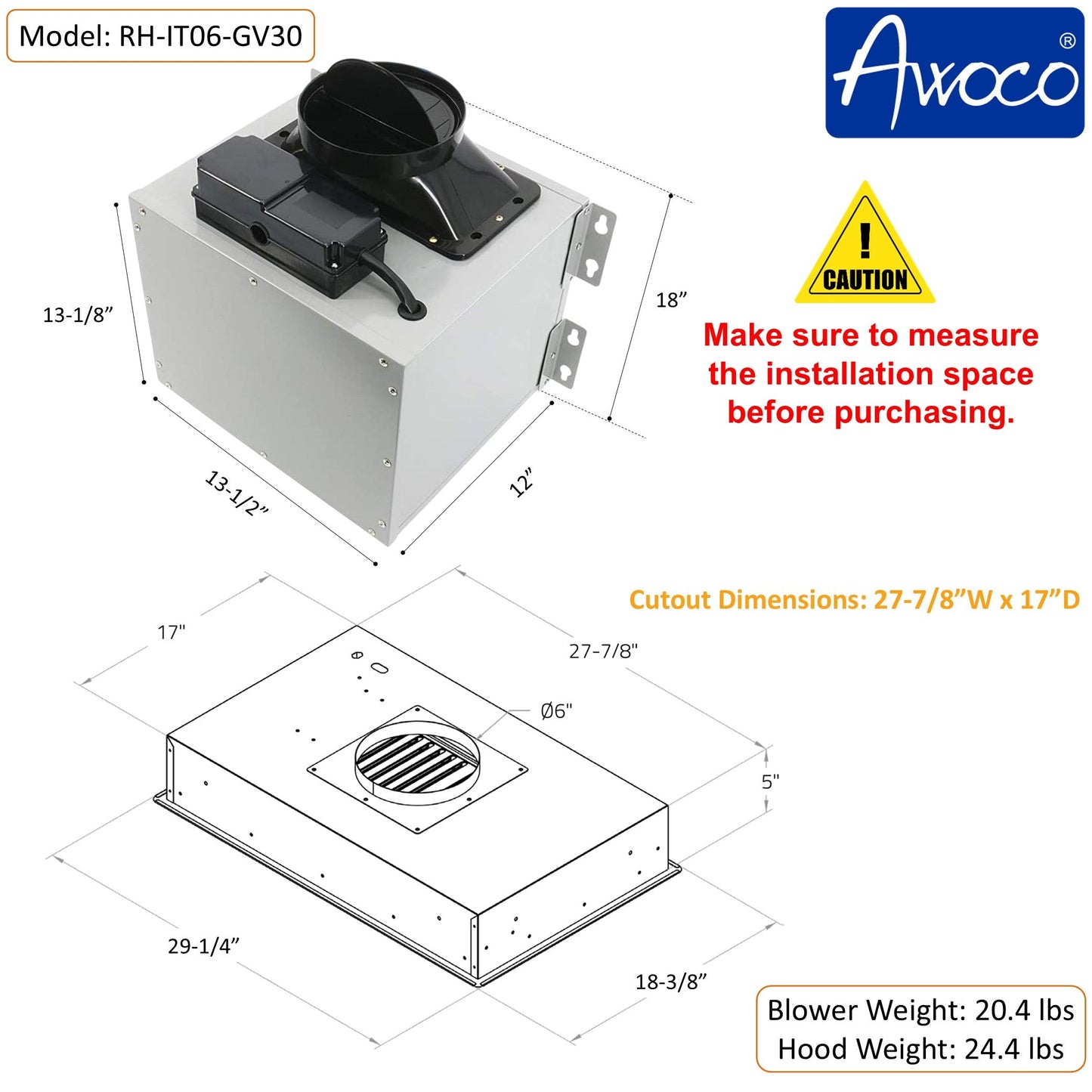 AWOCO  RH-IT06-GV Ceiling Mount Range Hood - Split Insert - Voice & Gesture - AWC-RH-IT06-GV30