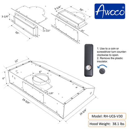 AWOCO RH-UC6-V Under Cabinet Range Hood Voice Gesture Controls - RH-UC6-V30