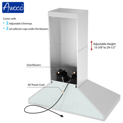 Awoco 48”W Indoor 27”D Wall Mount Range Hood with Touch & Remote Control, Stainless Steel 4 Speeds 1200 CFM Adjustable Chimneys 4 LED Lights 2 x 6” Round Top Vent - AWC-RH-WT-P48