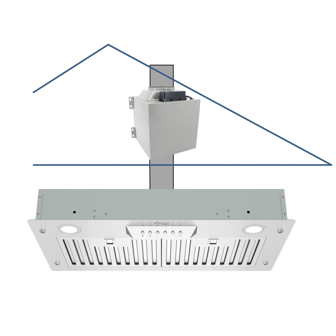Awoco RH-IT08-M 14-1/2"D Super Quiet Split Insert Stainless Steel Range Hood, 4 Speeds with a 8" Blower Unit, 1000CFM, LED Lights - RH-IT08-M30-COLD