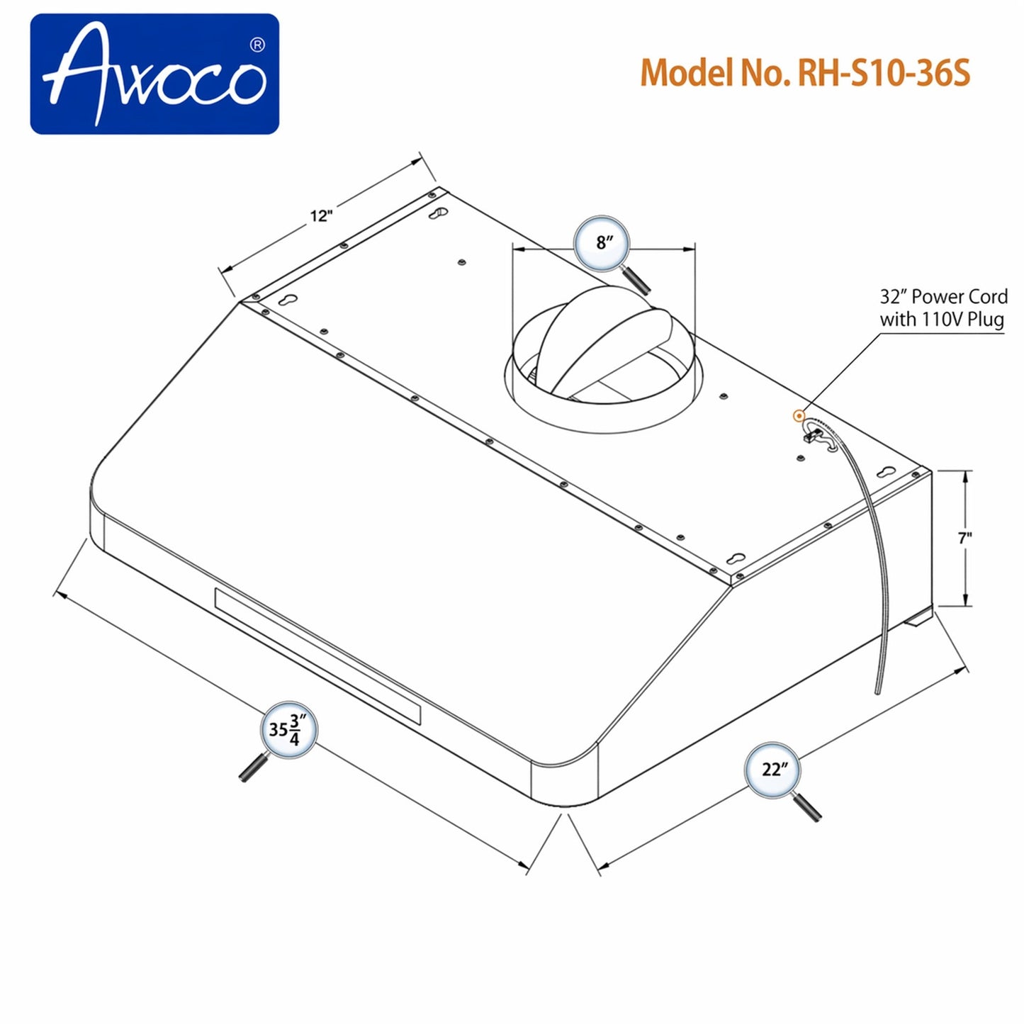AWOCO RH-S10-S-DR Under Cabinet Range Hood - 6 Speeds 1000CFM - 7inch High - 8 inch Round Top Vent - RH-S10-30S-DR