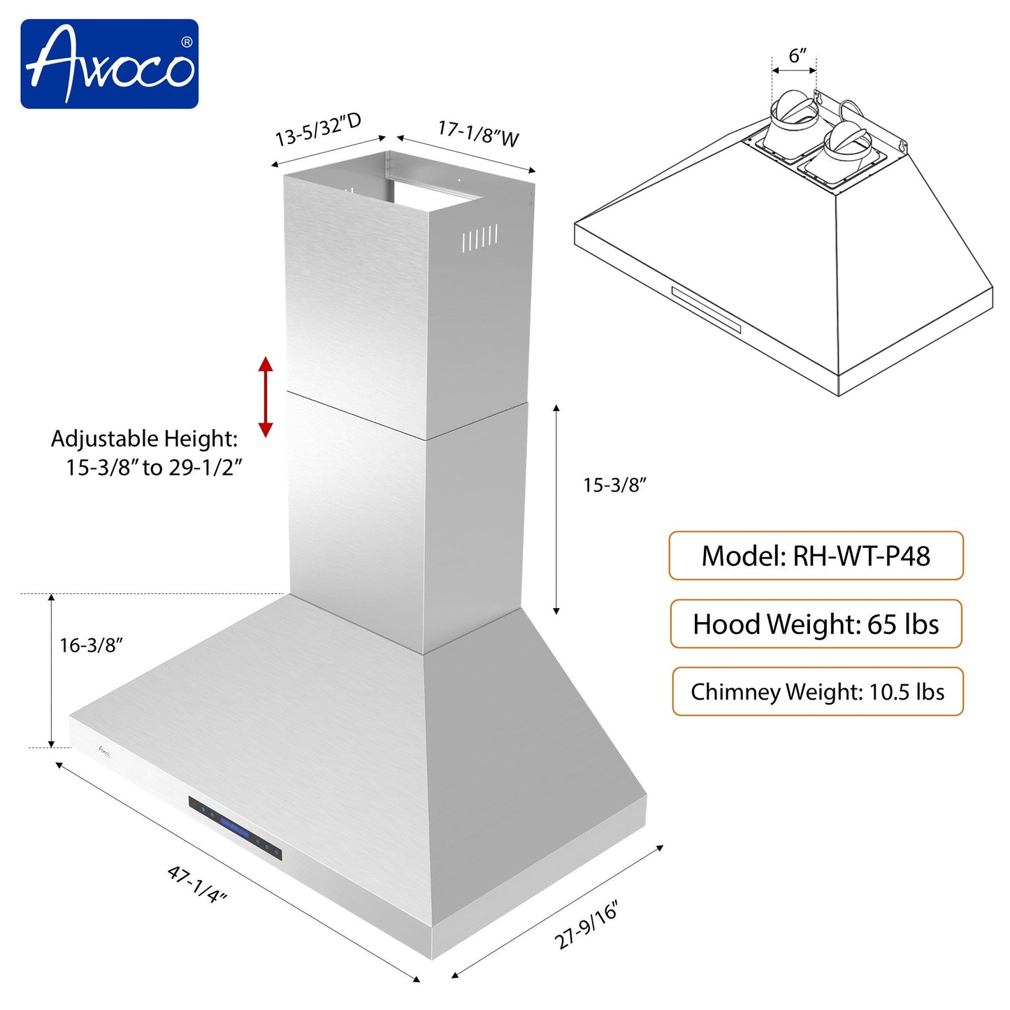 Awoco 48”W Indoor 27”D Wall Mount Range Hood with Touch & Remote Control, Stainless Steel 4 Speeds 1200 CFM Adjustable Chimneys 4 LED Lights 2 x 6” Round Top Vent - AWC-RH-WT-P48