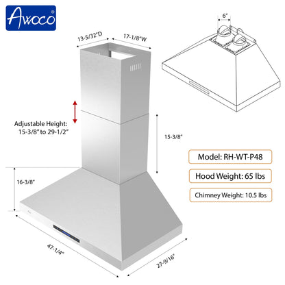 Awoco 48”W Indoor 27”D Wall Mount Range Hood with Touch & Remote Control, Stainless Steel 4 Speeds 1200 CFM Adjustable Chimneys 4 LED Lights 2 x 6” Round Top Vent - AWC-RH-WT-P48