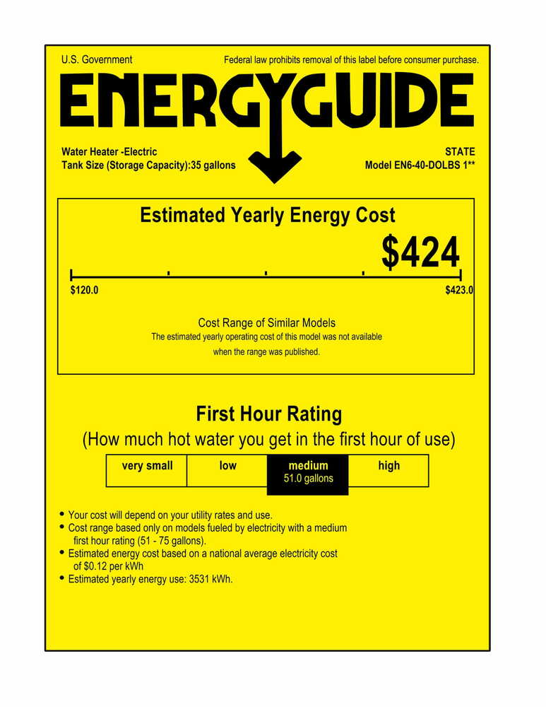 State Proline Series 38 Gallon Capacity 4.5 kW Heating Input Lowboy Top Connect Electric Water Heater