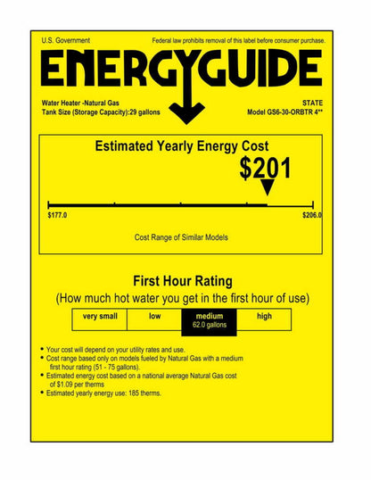 State Proline Atmospheric Vent Series 30 Gallon Capacity 32,000 BTU Heating Input Skinny Gas Water Heater - SGS630ORBTRN