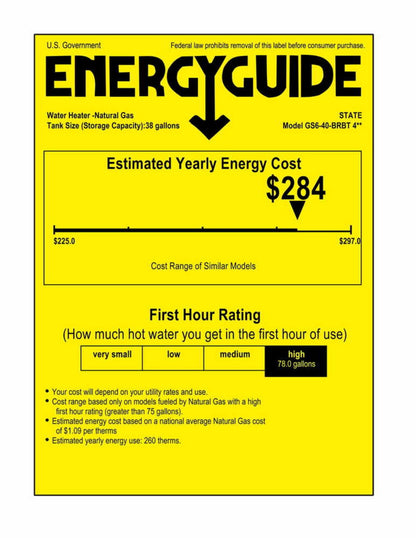 State Proline Atmospheric Vent Series 40 Gallon Capacity 40,000 BTU Heating Input Skinny Gas Water Heater - SGS640BRBTN