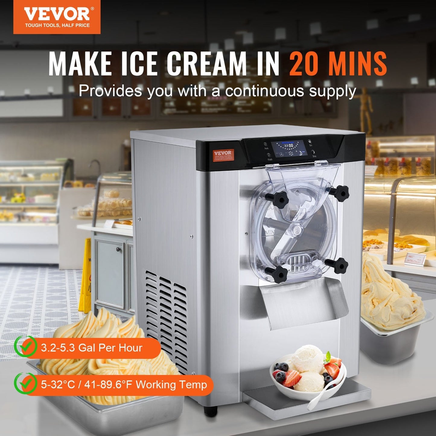 Richell Vevor Ice Cream Machine 3.2 Gal per Hour 1713W Countertop Stainless Steel Single Flavor with LED Panel New - TMSYBQLJDKWA4CU69V1