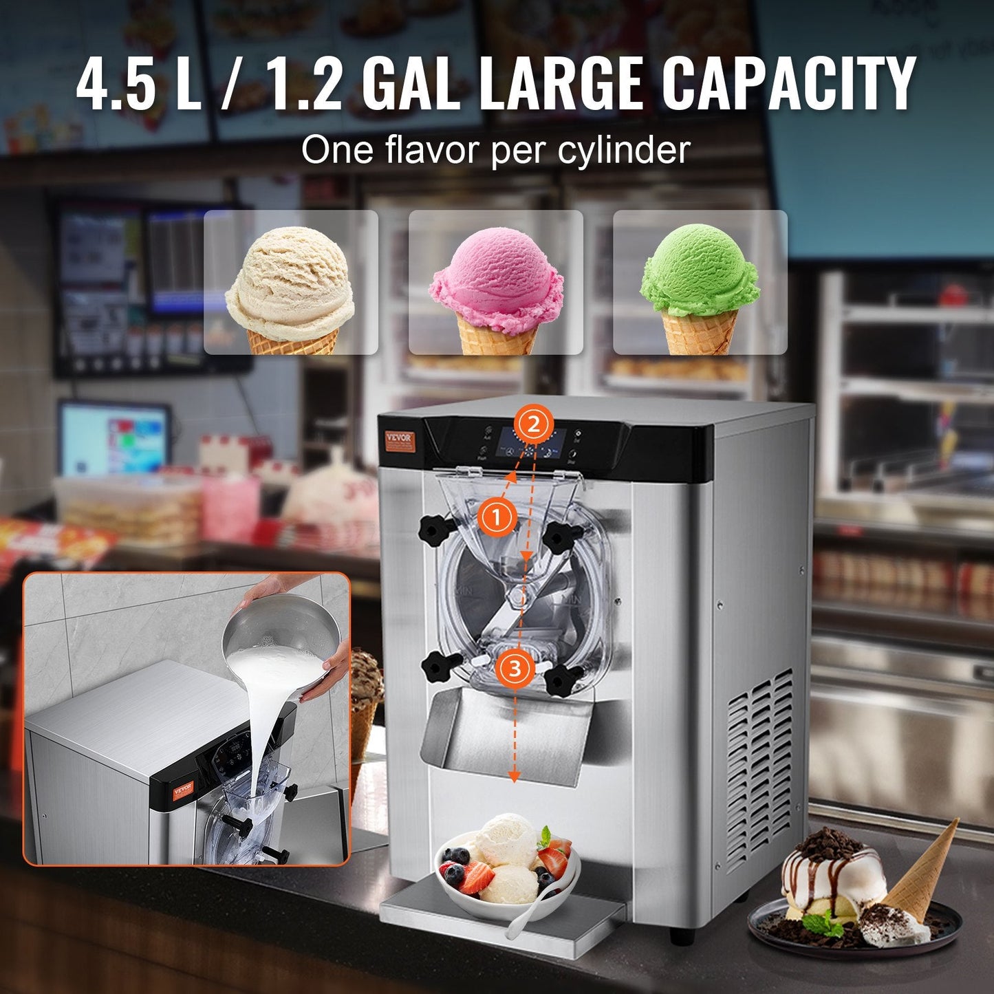 Richell Vevor Ice Cream Machine 3.2 Gal per Hour 1713W Countertop Stainless Steel Single Flavor with LED Panel New - TMSYBQLJDKWA4CU69V1