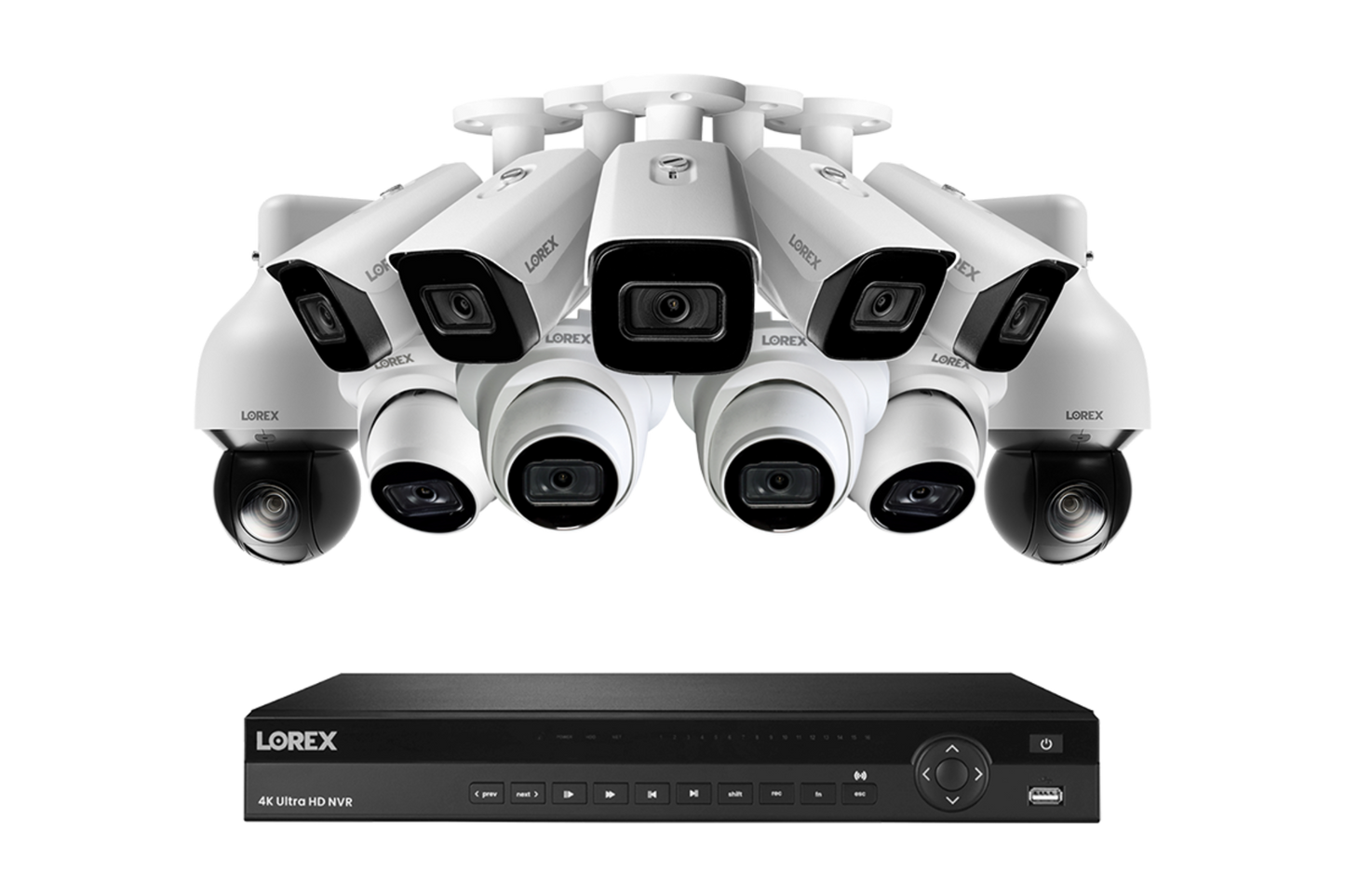 Lorex 4K 4TB Wired NVR System with Five Nocturnal 3 Bullet Cameras, Four Nocturnal 3 Turret Cameras and Two 4K Pan-Tilt-Zoom Cameras - TN88464-NB5ND4P2