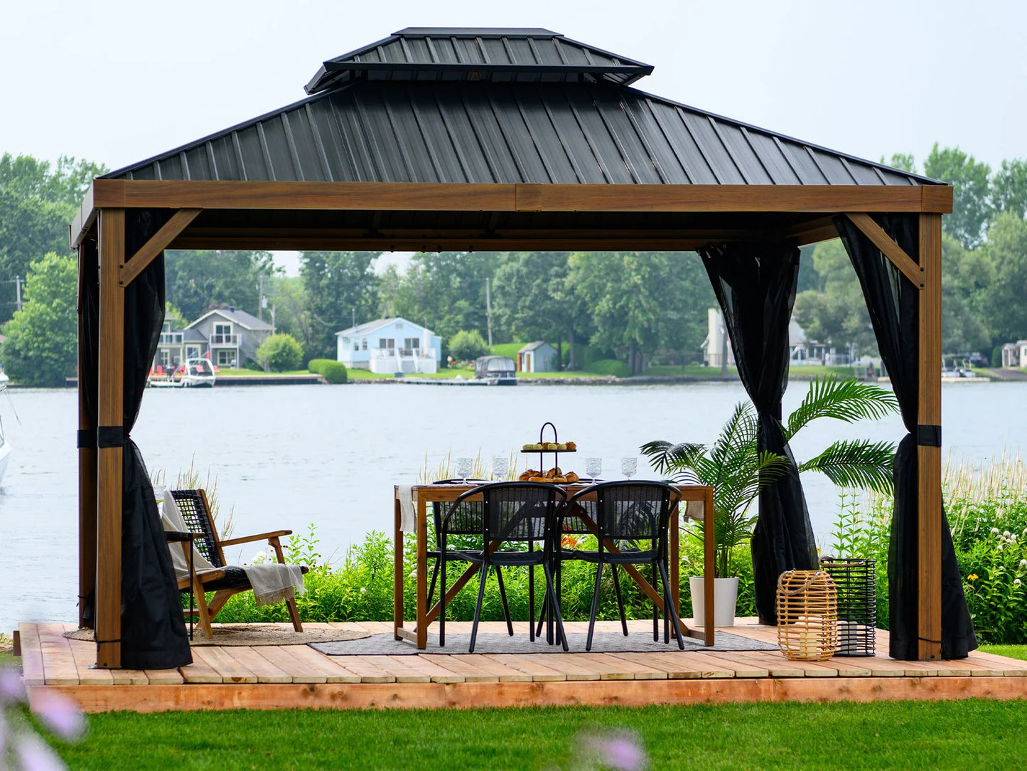 Yosemite 10x10 ft. Gazebo– Galvanized Double Roof, Aluminum Posts, Wood Finish