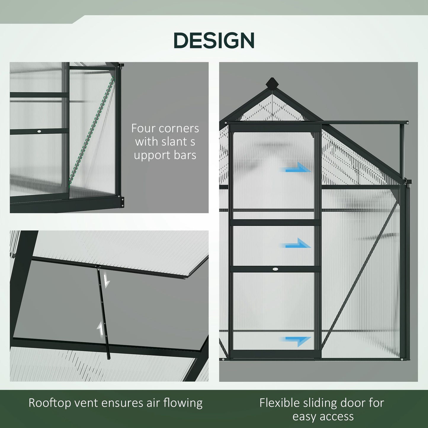 Outsunny 6' x 6' Polycarbonate Greenhouse with Rain Gutter and Roof Vent for Outdoor Garden, Gray - 845-058GY