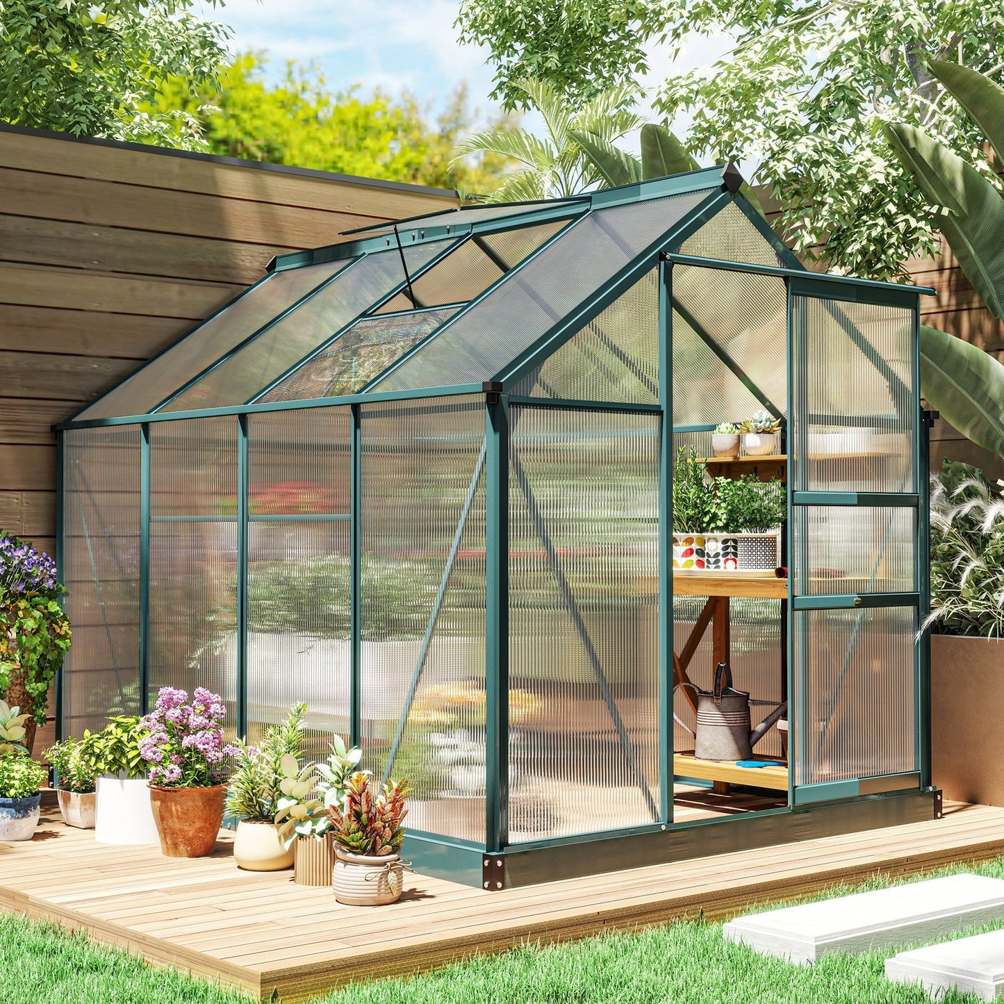 Outsunny BloomGreen 6' x 8' Greenhouse with Rain Gutter and Roof Vent Dark Green - 845-059