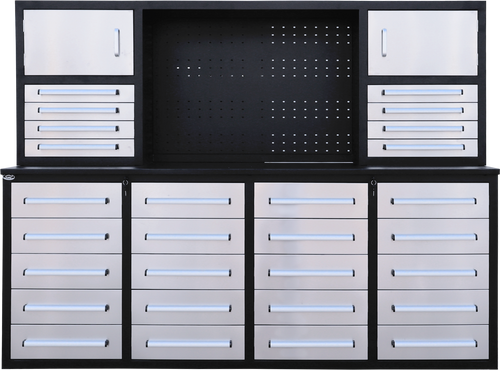 Chery Industrial 7ft Garage Workbench Cabinet (28 Drawers & Pegboard)