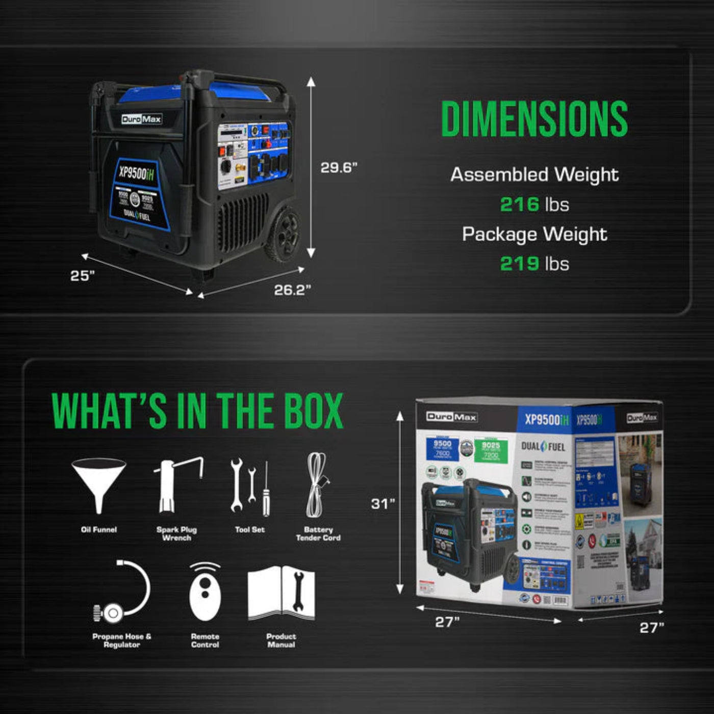 Aurora Generators DuroMax XP9500iH 9,500 Watt Portable Dual Fuel iH Inverter Generator w/ CO Alert - PowerGen USA - XP9500iH
