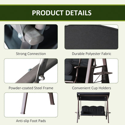 Outsunny 3-Seat Patio Swing Chair with Adjustable Canopy, Removable Cushion, Pillows & Trays, Black - 84A-068BK