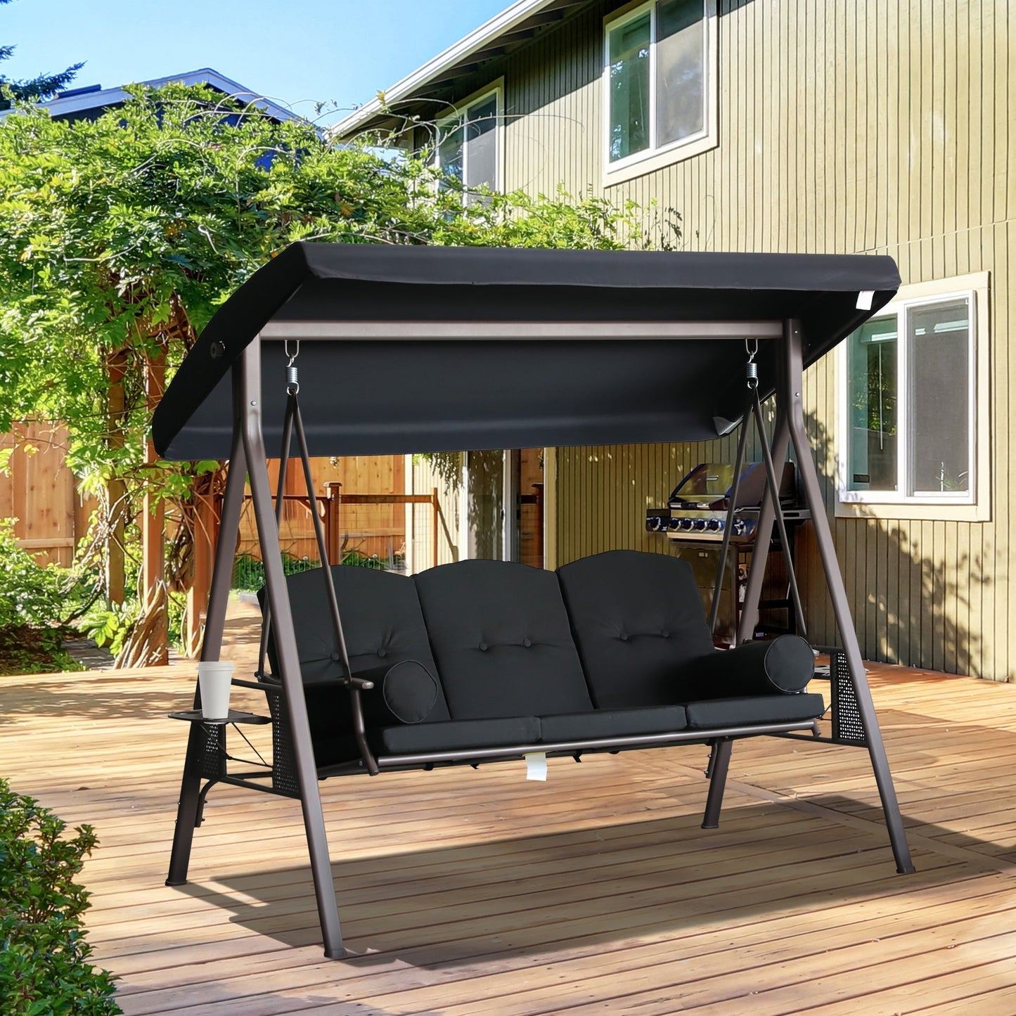 Outsunny 3-Seat Patio Swing Chair with Adjustable Canopy, Removable Cushion, Pillows & Trays, Black - 84A-068BK