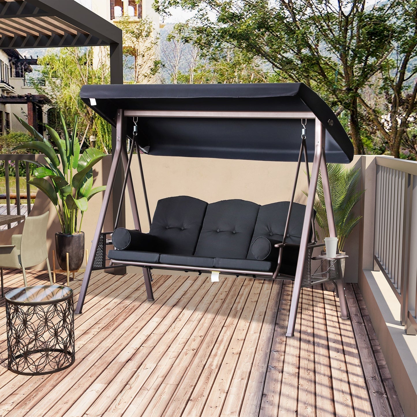 Outsunny 3-Seat Patio Swing Chair with Adjustable Canopy, Removable Cushion, Pillows & Trays, Black - 84A-068BK